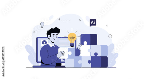 Man assembling puzzle pieces, lightbulb idea, AI concept, business strategy, teamwork, innovation