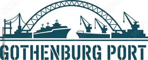 Bold Silhouette Emblem of a Port Scene with Ships and Cranes on Pure White Background with bridge in outline