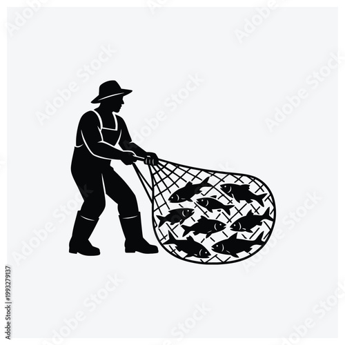 Silhouette of a fisherman with a net catching fish