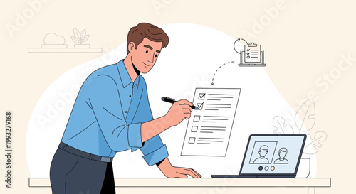 Man checking list on paper, remote work, online meeting, technology concept