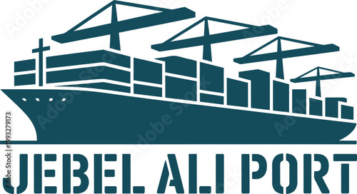 Bold stencil emblem of a cargo ship with cranes in black on white with supply chain, hewlett packard