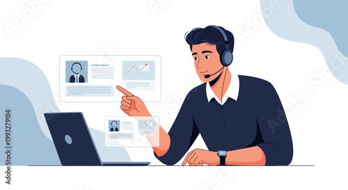 Customer service agent with headset interacting with digital interface on laptop