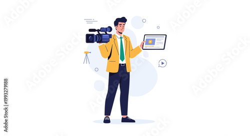 Videographer holding camera and tablet, modern flat illustration, professional video production concept
