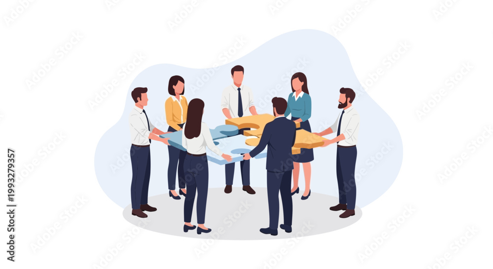 Obraz premium Teamwork business people assembling a large jigsaw puzzle representing strategy and collaboration
