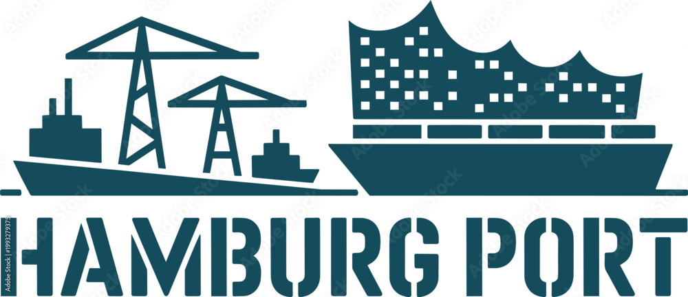 Obraz premium Hamburg Port emblem with cranes, ship, and stylized city skyline with container ship, industrial complex