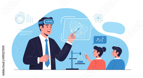 Virtual Reality Education: Teacher in VR headset explains science to students