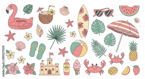Summer Beach Vector Set with Flamingo Float, Coconut Drink, Surfboard, Watermelon, Sunglasses and Tropical Clipart Collection