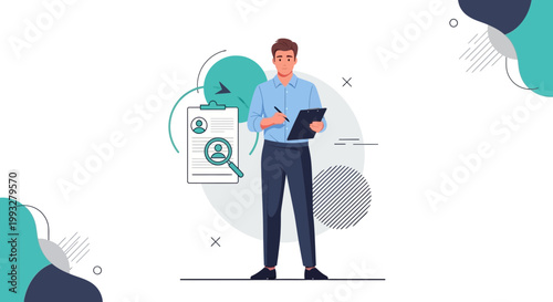 Recruitment specialist reviewing resume with magnifying glass, business concept