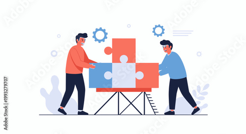Teamwork puzzle collaboration, two men assembling jigsaw pieces for business success