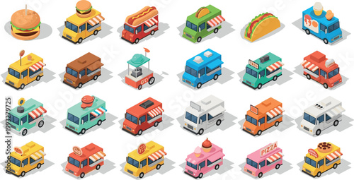 Isometric Food Truck Vector Set with Burger Hotdog Taco Pizza Ice Cream Cart Collection for Street Festival and Mobile Restaurant