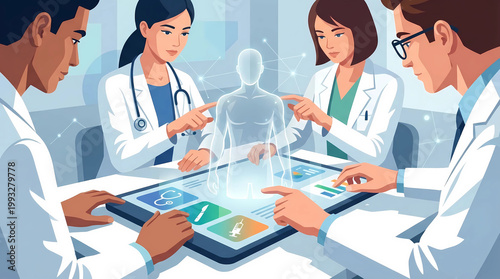 A group of doctors discussing a clinical case with innovative technologies