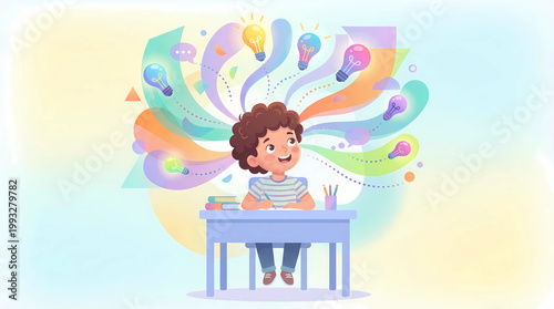 A little boy sits at a table with lots of ideas and wants to draw