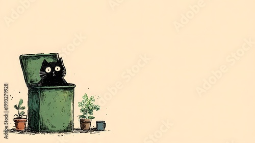Cute black cat peeking from a trash bin with plants