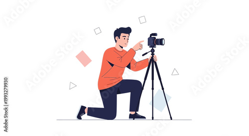 Man kneeling with camera on tripod, pointing at lens, illustration
