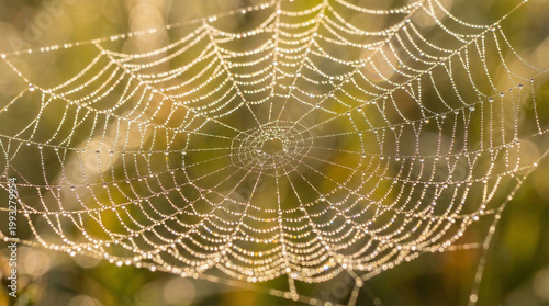 A delicate spider web covered in morning dew