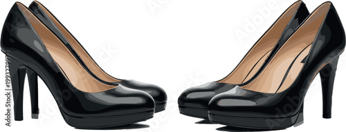 Black Patent Leather High Heel Platform Pump Shoes Vector Set for Women Fashion Party Office and Elegant Footwear Design