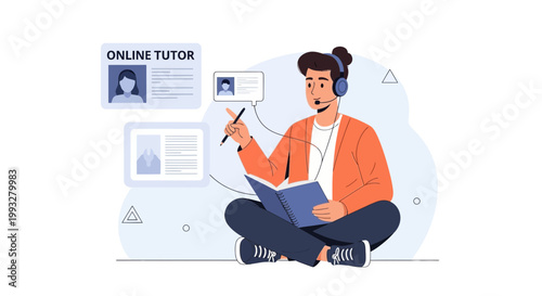 Online Tutor Teaching Student Remotely via Computer and Headphones