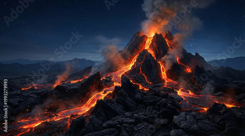 A dramatic volcanic landscape at night featuring fire