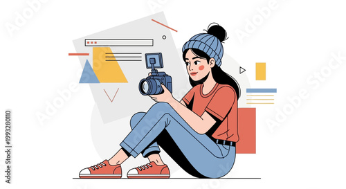 Young Woman Photographer with Camera, Creative Vlogger, Content Creator, Modern Illustration