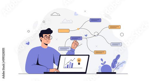 Man creating mind map on laptop, business strategy, planning, idea generation, data analysis