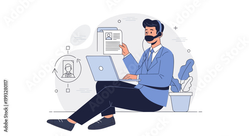 Customer service agent with headset working on laptop, analyzing documents and client profile.