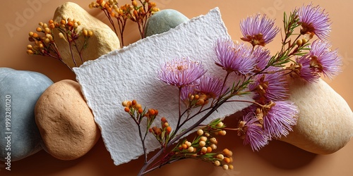 card template resting on a textured hemp fabric. A few dried flower petals scattered around 