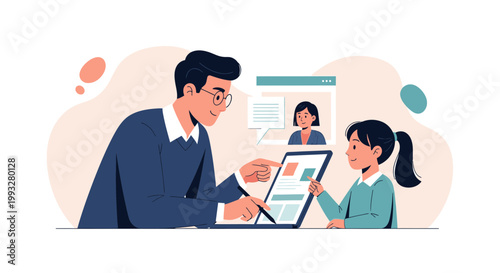 Online Education: Teacher guiding student on laptop, video call with instructor