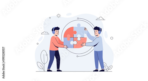 Two men assembling a jigsaw puzzle, teamwork, collaboration, strategy, problem solving