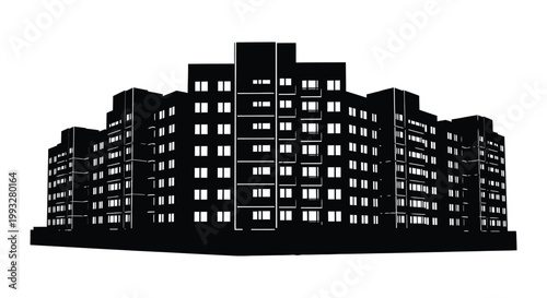 A stark black silhouette of a multi story building against a white background silhouette