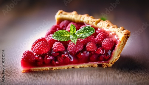 a mouthwatering slice of raspberry pie featuring a golden crust vibrant berry filling and garnished with a sprig of mint highlighting its deliciousness and freshness