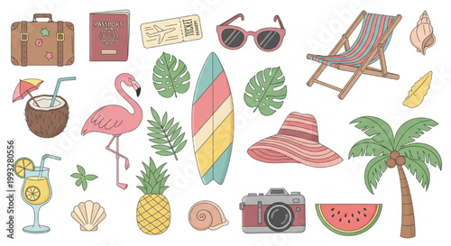 Tropical Vacation Icon Set with Suitcase, Passport, Airplane Ticket, Beach Chair and Summer Travel Clipart