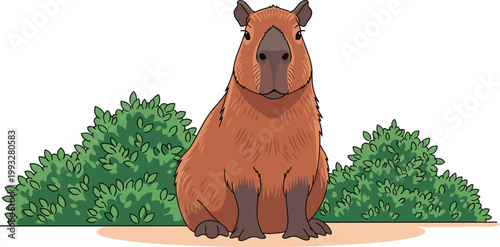 Cute brown capybara sitting in nature with green bushes vector illustration