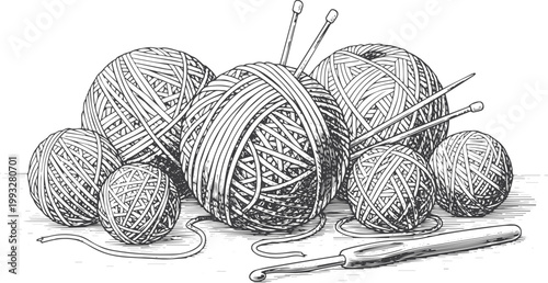 Balls of yarn with knitting needles and crochet hook