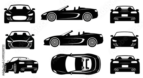 Set of Black Sports Car Silhouettes from Multiple Angles: Front, Side, Rear, Top View
