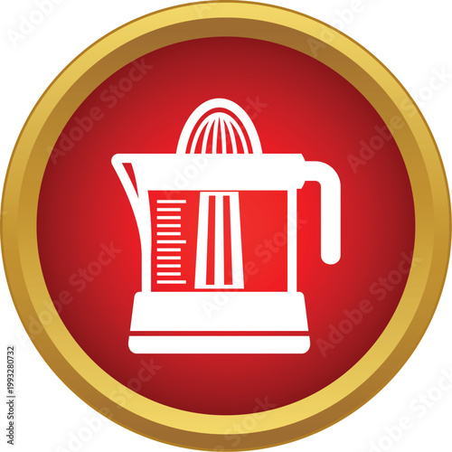 White juicer appliance symbol in a round red and gold setting
