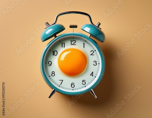 fried egg shaped alarm clock with sunny side up yolk clock face on pastel background creative breakfast time concept