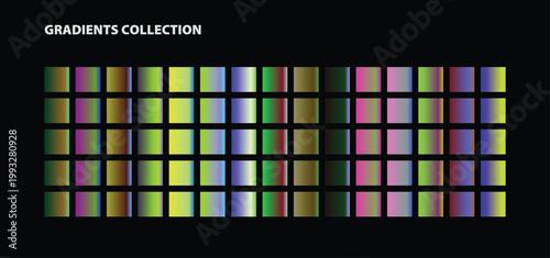 Modern Gradients Collection, a vibrant set of 100 colorful gradient swatches, abstract color transitions for graphic design, web backgrounds, and digital art projects, a versatile vector asset.