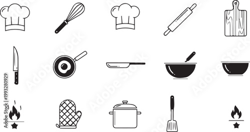 Black and white collection of kitchen cooking