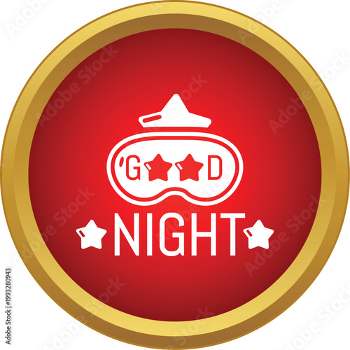 Sleep mask icon with stars and text good night in a red circle button