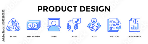 Product Design  Banner Web  Icon Set Collection Pack Vector Illustration Concept Containing Scale, Mechanism, Cube, Layer, Axis, Vector, Design Tool