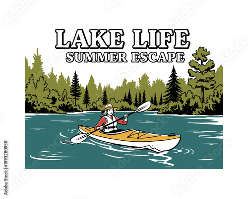 Lake life summer escape artwork. Kayaking adventure illustration for t shirt. Mountain lake outdoor design. Vintage forest landscape. Paddle boat.