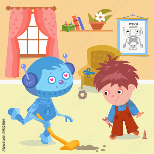 Kids vector illustration featuring cute robot girl sweeping floor and boy inventor in cozy room. Cheerful cartoon scene displays technical blueprints toy box and home interior creating fun atmosphere