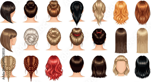 Female Hairstyle Back View Vector Collection with Bob Bun Braid Ponytail Wavy Straight Hair in Multiple Colors for Fashion Salon Beauty