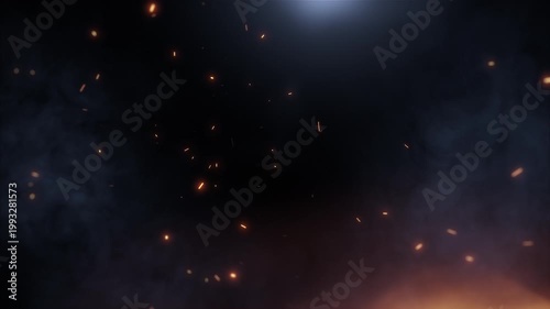 Intense glowing embers and smoke drift in darkness