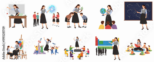 Flat Modern Cartoon Illustration Set of Female Teacher Guiding Children Through Diverse Educational Activities and Learning Process