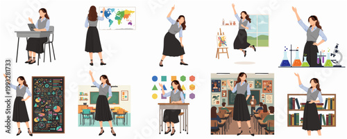 Flat Illustration Young Woman Character Engaged in Diverse Educational Learning Activities Collection