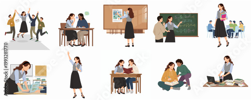 Modern Flat Illustration Set of Female Teacher and Students Engaged in Diverse Learning and Educational Activities