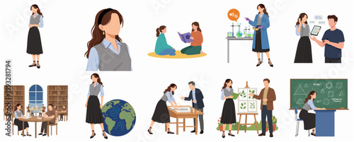 Modern Flat Design Illustration Set Featuring Diverse Female Teacher and Student Characters Engaged in Academic Learning Activities