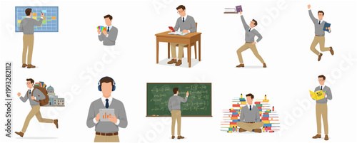 Flat Design Modern Male Student Character Engaging in Various Educational Learning Activities Collection Illustration Set