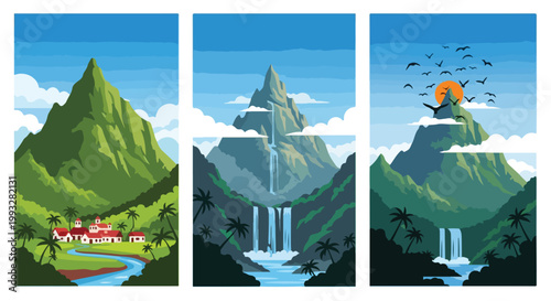 Tropical island mountain landscapes with villages, waterfalls, and birds at sunset vector illustrations